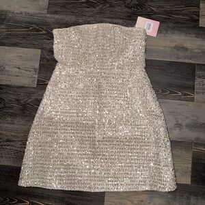 Hello Molly Cream Sequin Strapless Dress